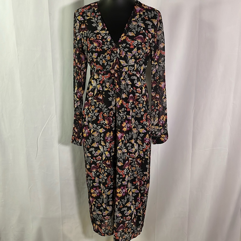 NWT Anthropologie See U Soon Black Floral V-Neck Long Sleeve Midi Dress